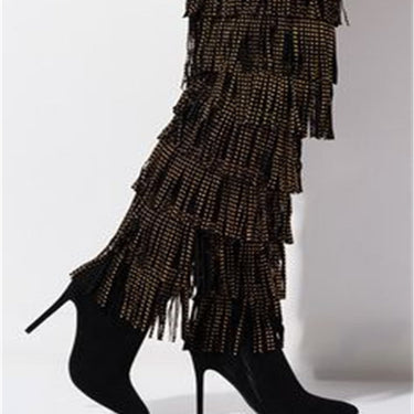 Rhinestone Fringe Botines Over-the-knee Stiletto Boots Suede Slip-on Women Shoes Pointed Toe High Heels Sexy Fashion Zapatos  -  GeraldBlack.com