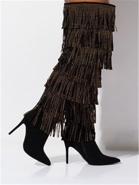 Rhinestone Fringe Botines Over-the-knee Stiletto Boots Suede Slip-on Women Shoes Pointed Toe High Heels Sexy Fashion Zapatos  -  GeraldBlack.com