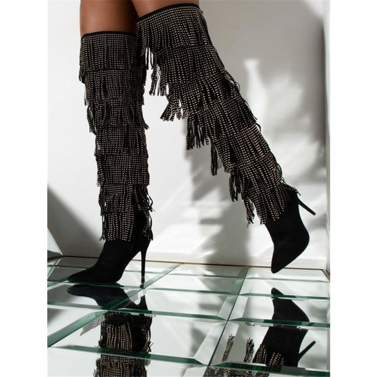 Women's Sexy Pointed Toe Fringe Ove The Knee Stiletto Modern Boots 1 Women's Sexy Pointed Toe Fringe Ove The Knee Stiletto Modern Boots