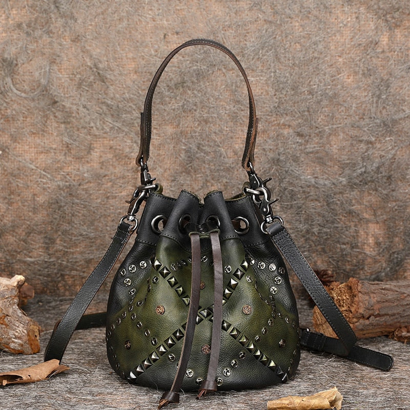 Women's Soft Leather Small Rivet Bucket Handmade Messenger Handbag ...