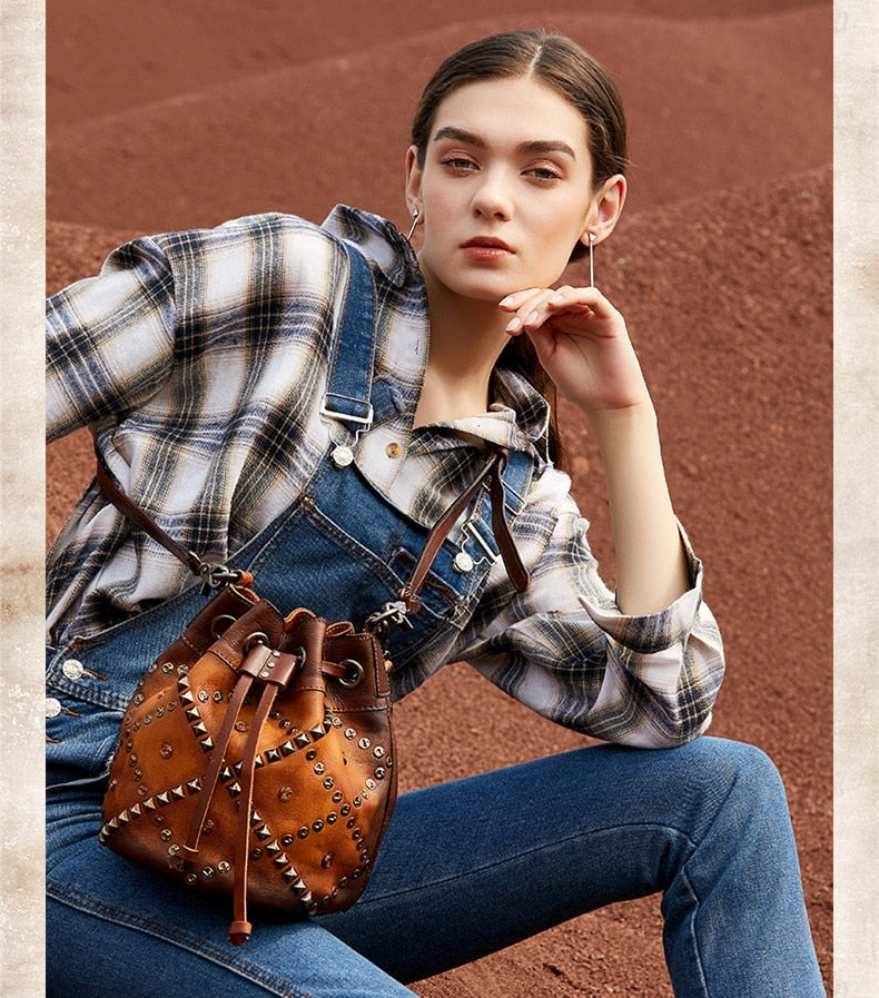 Women's Soft Leather Small Rivet Bucket Handmade Messenger Handbag ...