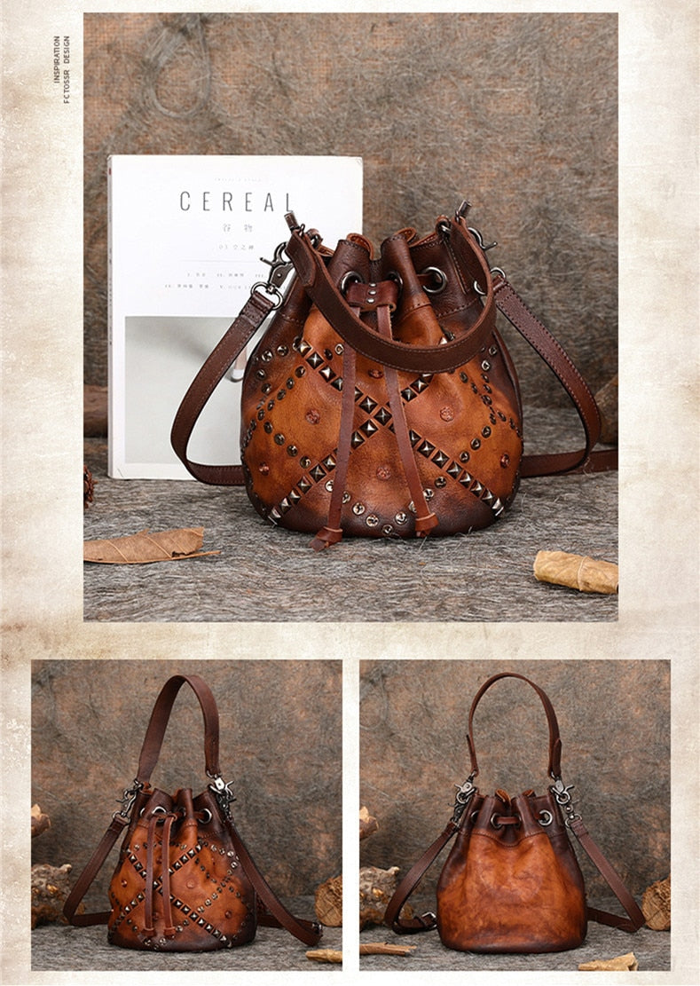 Women's Soft Leather Small Rivet Bucket Handmade Messenger Handbag ...