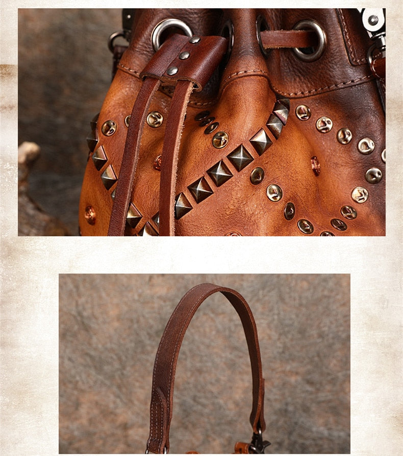 Women's Soft Leather Small Rivet Bucket Handmade Messenger Handbag ...