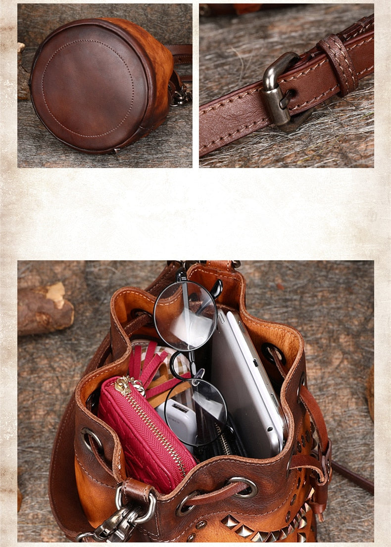 Women's Soft Leather Small Rivet Bucket Handmade Messenger Handbag ...
