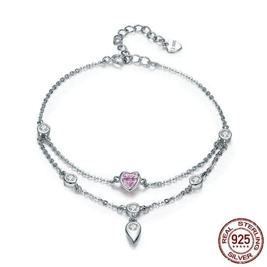 Romantic 925 Sterling Silver Sweet Heart Pink CZ Double Layers Bracelets for Women Sterling Silver Jewelry SCB090  -  GeraldBlack.com