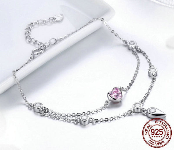 Romantic 925 Sterling Silver Sweet Heart Pink CZ Double Layers Bracelets for Women Sterling Silver Jewelry SCB090  -  GeraldBlack.com