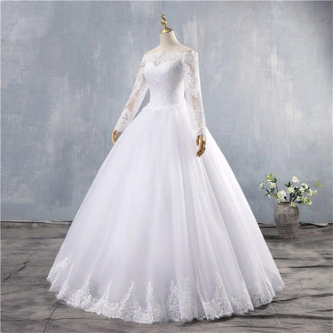 Romantic Crystal Lace Flowers Boat Neck Ball Wedding Dresses - SolaceConnect.com
