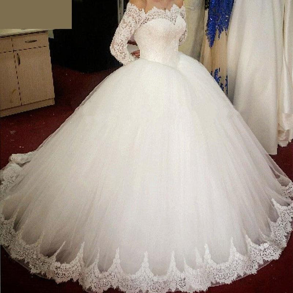 Romantic Crystal Lace Flowers Boat Neck Ball Wedding Dresses  -  GeraldBlack.com