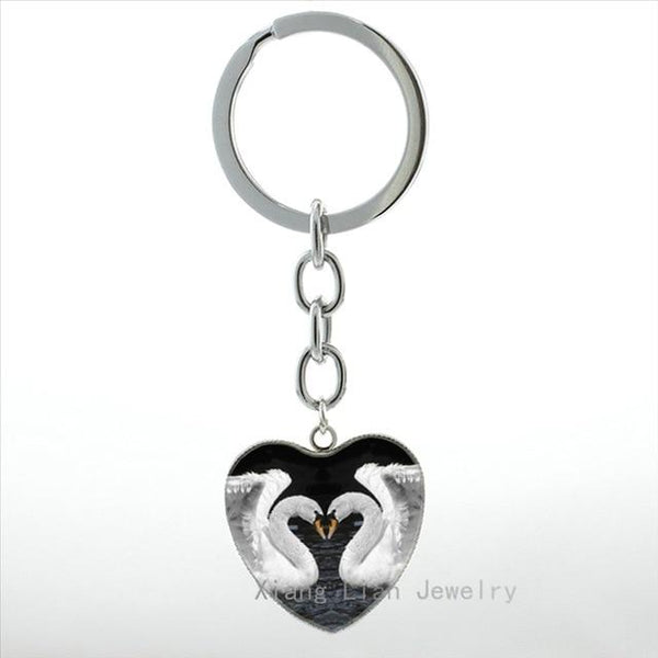 Romantic Swan Birds Kissing Photo Heart Pendant Key Chain for Couple - SolaceConnect.com