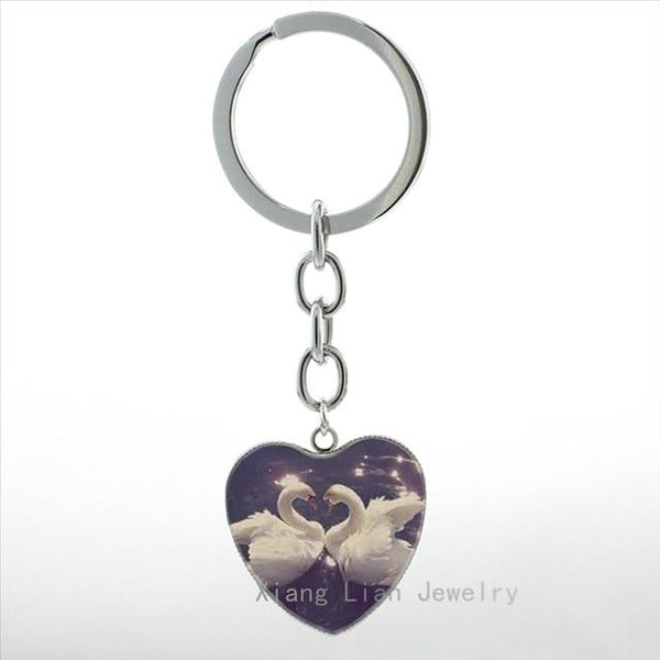 Romantic Swan Birds Kissing Photo Heart Pendant Key Chain for Couple - SolaceConnect.com