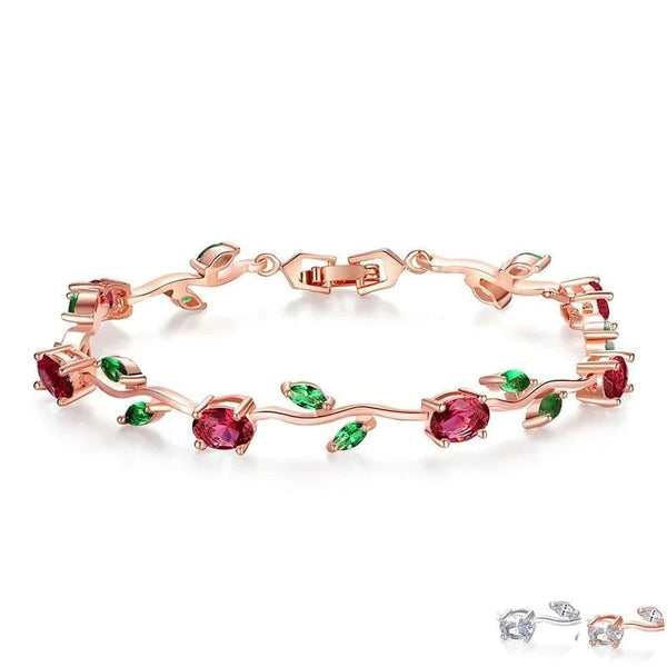 Rose Gold Color Leaf Chain Link Bracelet with Red Green AAA Zircon for Mother Gifts Jewelry JIB072  -  GeraldBlack.com