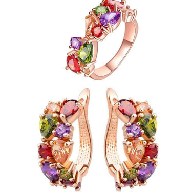 Rose Gold Multicolor Mona Lisa Crystal Ring Earrings Jewelry Sets for Women  -  GeraldBlack.com