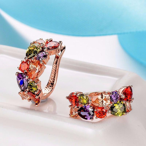 Rose Gold Multicolor Mona Lisa Crystal Ring Earrings Jewelry Sets for Women  -  GeraldBlack.com