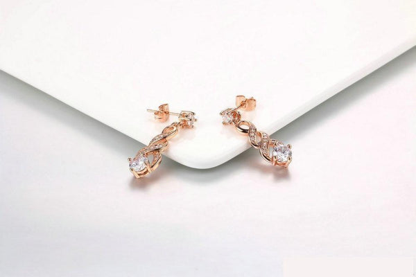 Rose Gold Silver Four Claw 6mm Cubic Zirconia Drop Dangle Wedding Earrings  -  GeraldBlack.com