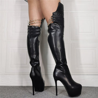 Round Toe Solid Botines Chain Platform Botas Side Zip Knee-high Boots Leather Stitching High Heels Concise Stiletto Women Shoes  -  GeraldBlack.com