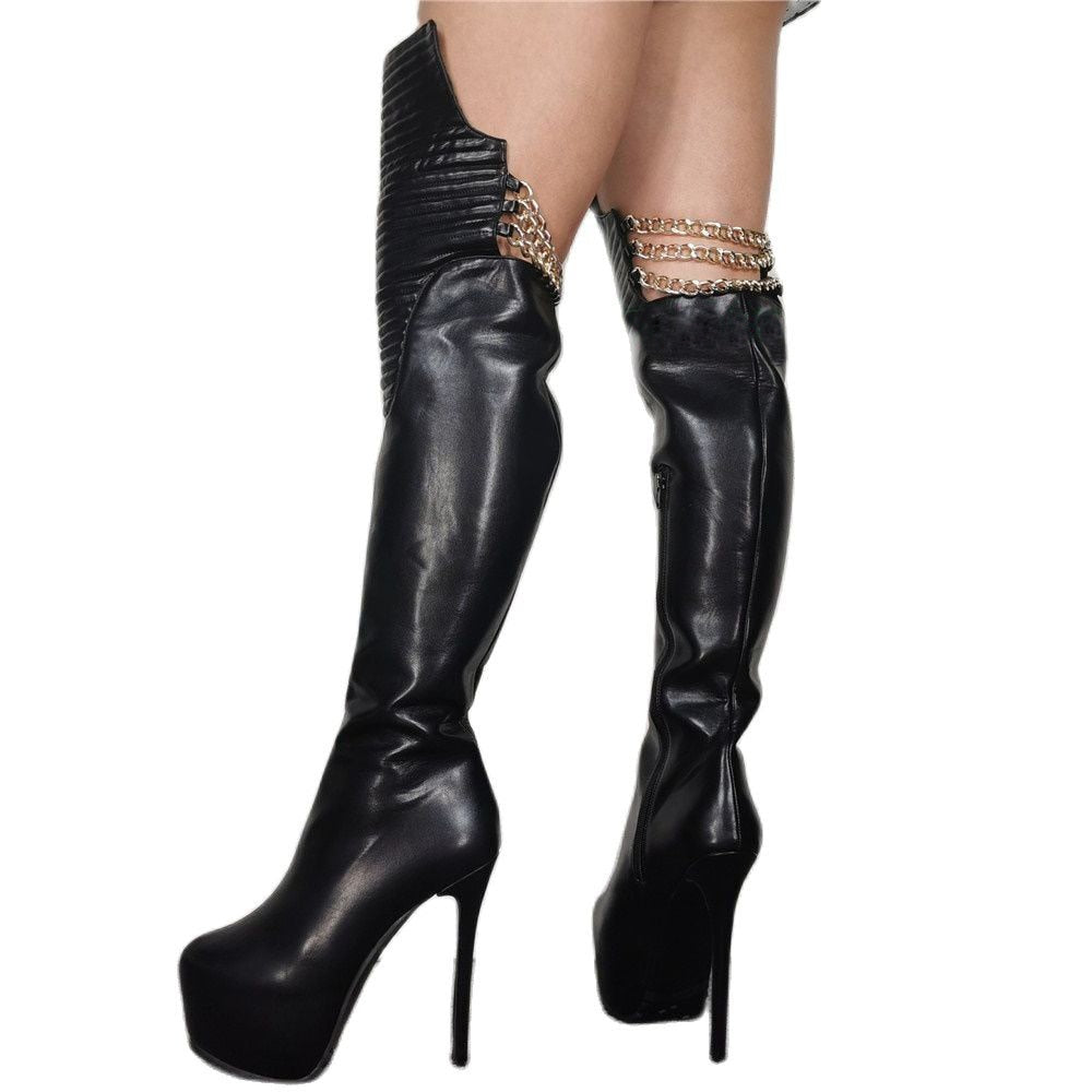 Round Toe Solid Botines Chain Platform Botas Side Zip Knee-high Boots Leather Stitching High Heels Concise Stiletto Women Shoes  -  GeraldBlack.com