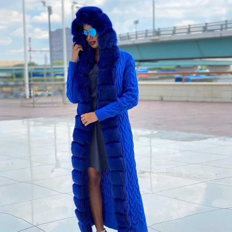 Royal Blue Color Women Real Fox Fur Hooded Knitted Cardigan Sweater Autumn Winter Sweater Long  -  GeraldBlack.com