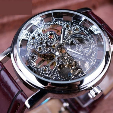 Royal Carving Brown Leather Strap Transparent Thin Skeleton Design Watch - SolaceConnect.com