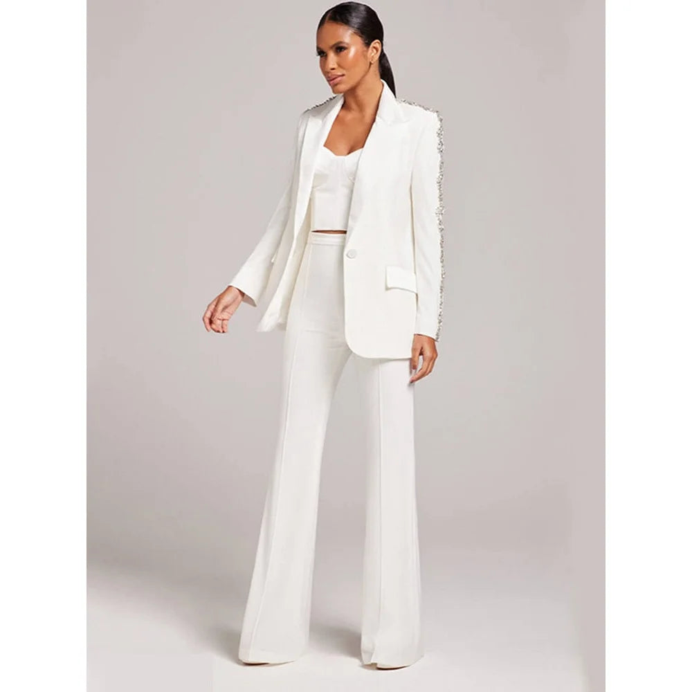 Runway Designer Suit Set Women's Career Style Single Button Blazer Flare Pants Suit  -  GeraldBlack.com