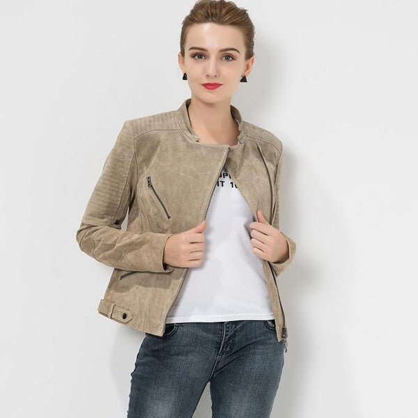 S-4XL Plus Size Women's Real Slim Fit Genuine Leather Jacket Bikers Coat - SolaceConnect.com