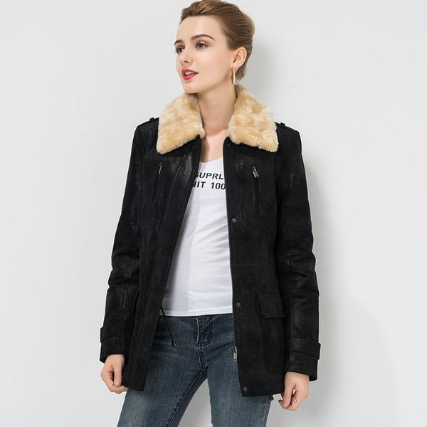 S-4XL Women's Genuine Real Leather with Fur Collar Detachable Jacket - SolaceConnect.com