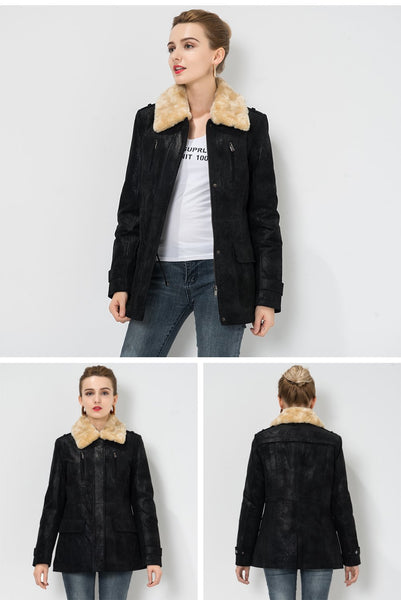 S-4XL Women's Genuine Real Leather with Fur Collar Detachable Jacket - SolaceConnect.com