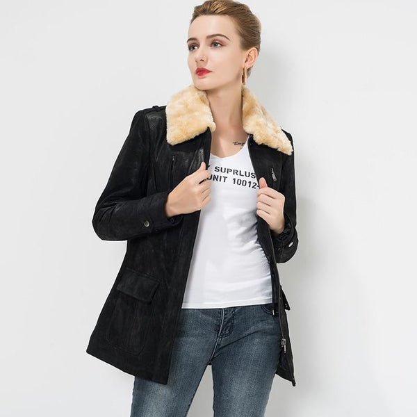 S-4XL Women's Genuine Real Leather with Fur Collar Detachable Jacket  -  GeraldBlack.com