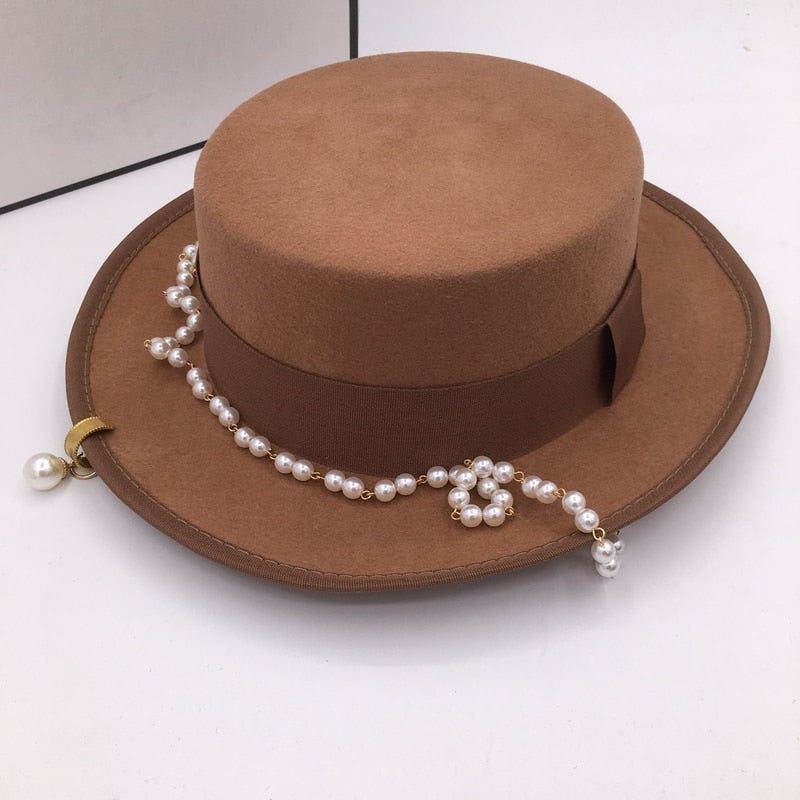 S Size and M Size Winter khaki Wool Fedora for Women with Peal Chain  -  GeraldBlack.com