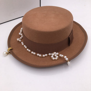 S Size and M Size Winter khaki Wool Fedora for Women with Peal Chain  -  GeraldBlack.com