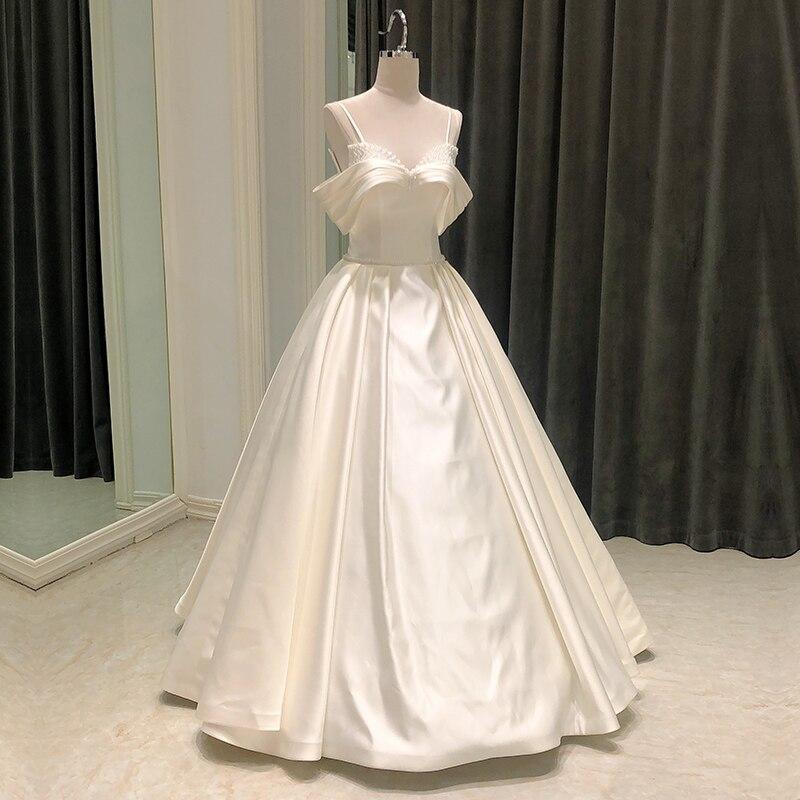 Satin A-Line Off Shoulder Short Sleeve Beads Simple Wedding Gown Dress - SolaceConnect.com