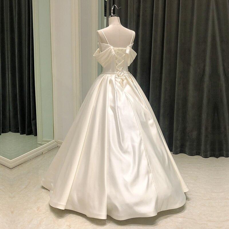 Satin A-Line Off Shoulder Short Sleeve Beads Simple Wedding Gown Dress  -  GeraldBlack.com