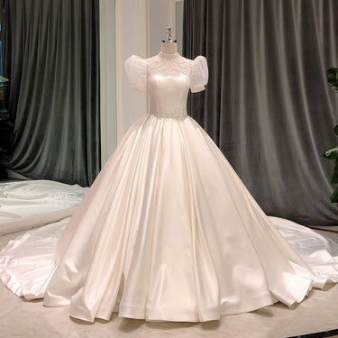 Satin Ball Gown Puff Sleeve Crystal Beads Bridal Wedding Dresses for Bride - SolaceConnect.com