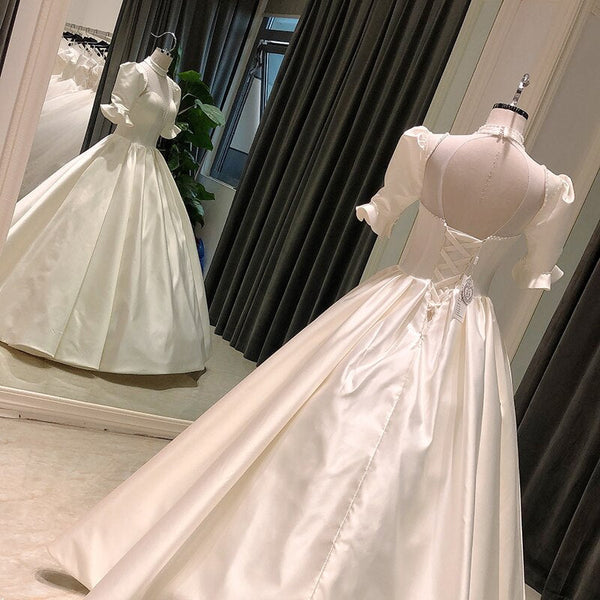 Satin High Neck Puff Sleeve Beads Simple Ball Gown Bridal Wedding Gowns - SolaceConnect.com