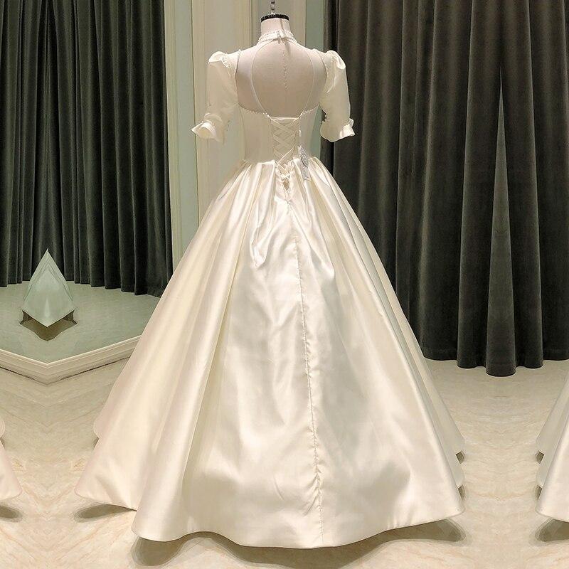Satin High Neck Puff Sleeve Beads Simple Ball Gown Bridal Wedding Gowns  -  GeraldBlack.com