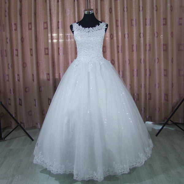Scoop Neck Ball Gown Lace Bridal Wedding Dress with Beads Pearls - SolaceConnect.com
