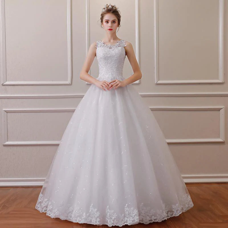 Scoop Neck Ball Gown Lace Bridal Wedding Dress with Beads Pearls  -  GeraldBlack.com