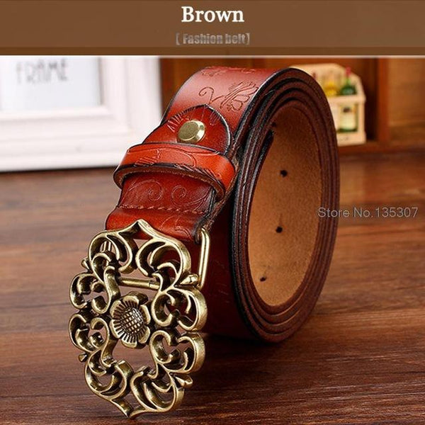 Second Layer Cow Skin Strap Fashion Floral Buckle Vintage Belts for Women - SolaceConnect.com