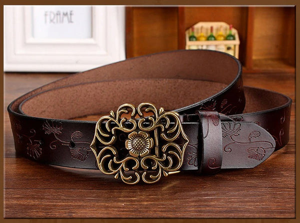 Second Layer Cow Skin Strap Fashion Floral Buckle Vintage Belts for Women  -  GeraldBlack.com
