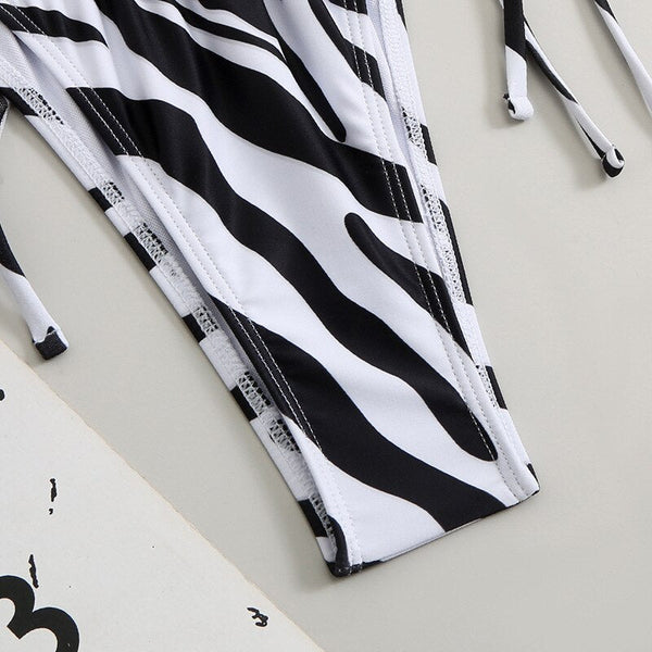 Sexy Black Zebra Print Bikinis Women Long Sleeve Cover Up 3 Piece Swimsuit Lace Up Bathing Suit Triangle Micro Swimwear  -  GeraldBlack.com