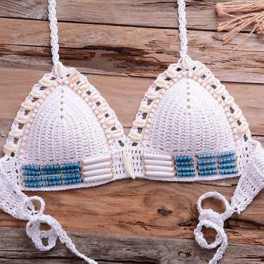 Sexy Blue Shell Beaded Bikinis Set Handmade Crochet Swimsuit Women Push Up Swimwear Knitted Beach  -  GeraldBlack.com