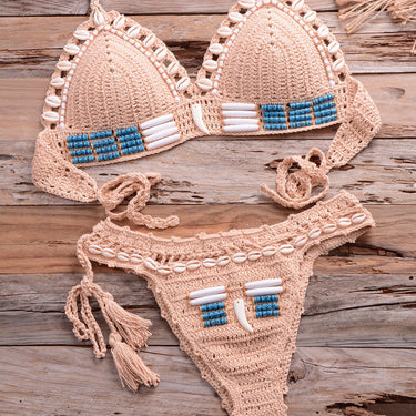 Sexy Blue Shell Beaded Bikinis Set Handmade Crochet Swimsuit Women Push Up Swimwear Knitted Beach Wear Bathing Suit  -  GeraldBlack.com