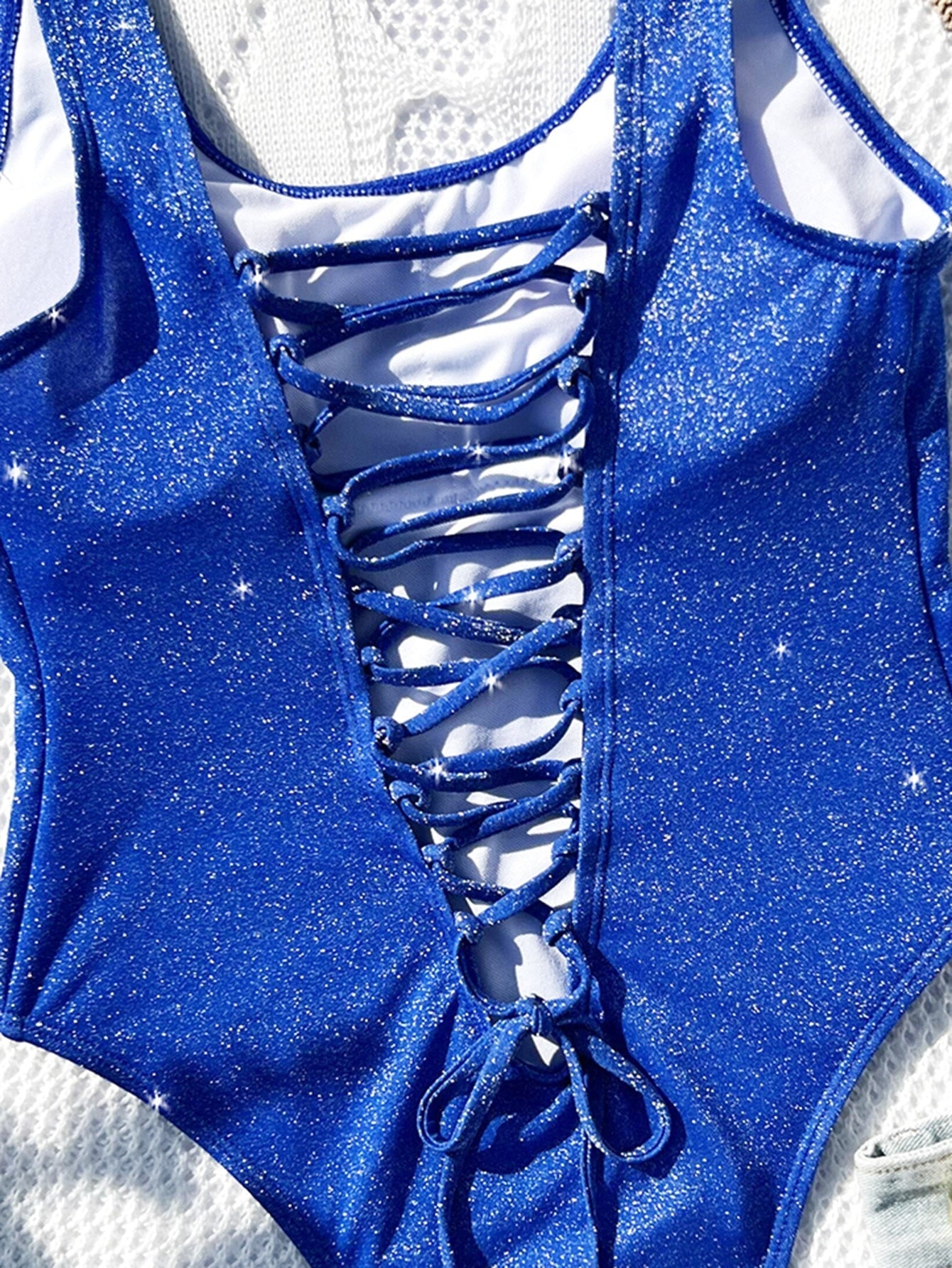 Sexy Blue Swimwear Women Shining Hollow Out Backless Lace Up One Piece Swimsuit Summer Tummy Control Monokini  -  GeraldBlack.com