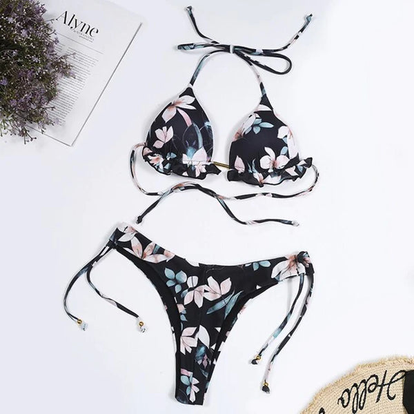 Sexy Brazilian Micro Bikini Push Up Flower Print High Leg Ruffle Swimsuit  -  GeraldBlack.com