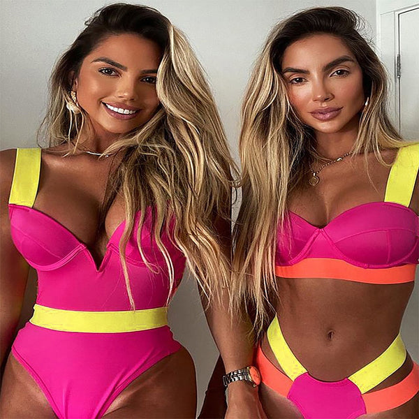 Sexy Dual Neon Color Patchworked Push Up Cut Out Bandage Swimwear  -  GeraldBlack.com