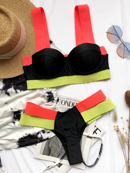 Sexy Dual Neon Color Patchworked Push Up Cut Out Bandage Swimwear  -  GeraldBlack.com