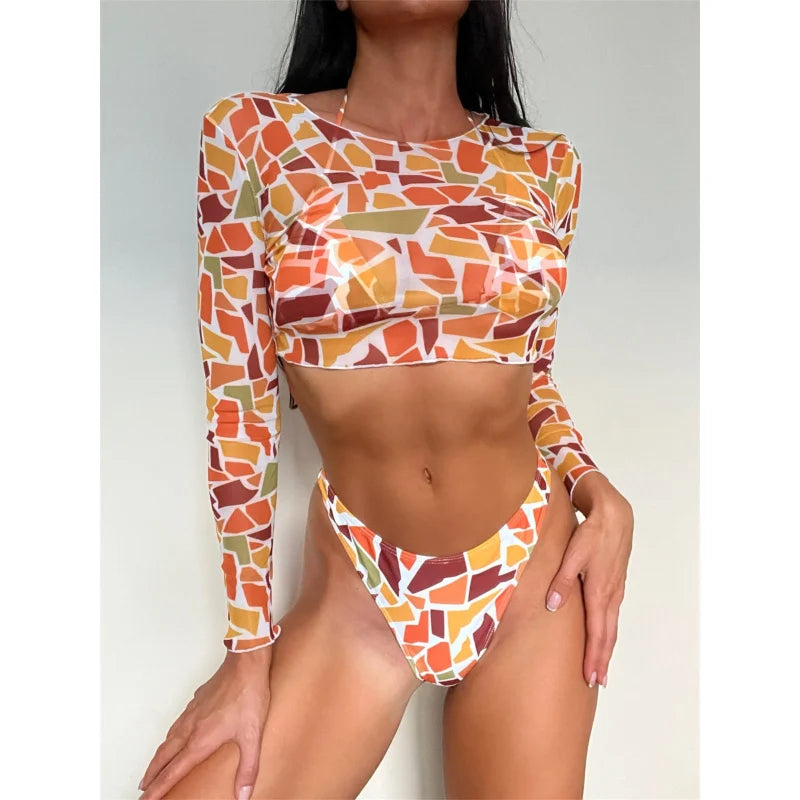 Sexy Geometric Print Bikini Women Long Sleeve Mesh Cover Up 3 Piece Swimsuit Beach Push Up Bathing Suit Thong Swimwear  -  GeraldBlack.com
