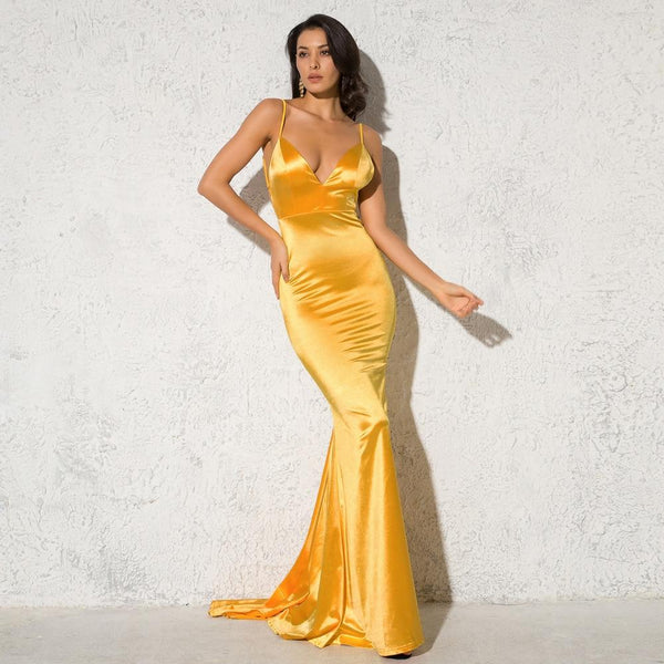 Sexy Girls Satin Deep V-Neck Open Back Floor Length Mermaid Bodycon Dress - SolaceConnect.com