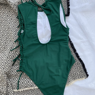 Sexy Green One Piece Backless Swimsuit Women Vintage Lanyard Cut Out Pleate Tummy Control Swimwear Bikinis  -  GeraldBlack.com