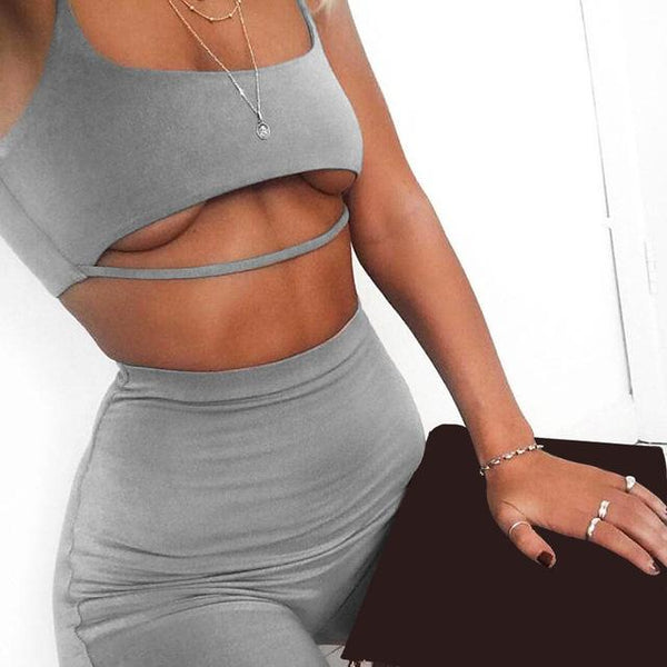 Sexy Grey Black Short Two Piece Matching Set Crop Tops and Biker Shorts - SolaceConnect.com