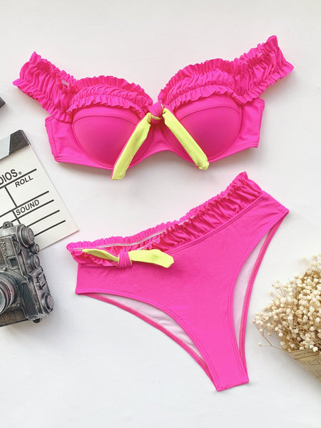 Sexy High Waist Bikini Women Solid Neon Hot Pink Ruffled Swimsuit Push Up Padded Bathing Suit Swimwear  -  GeraldBlack.com